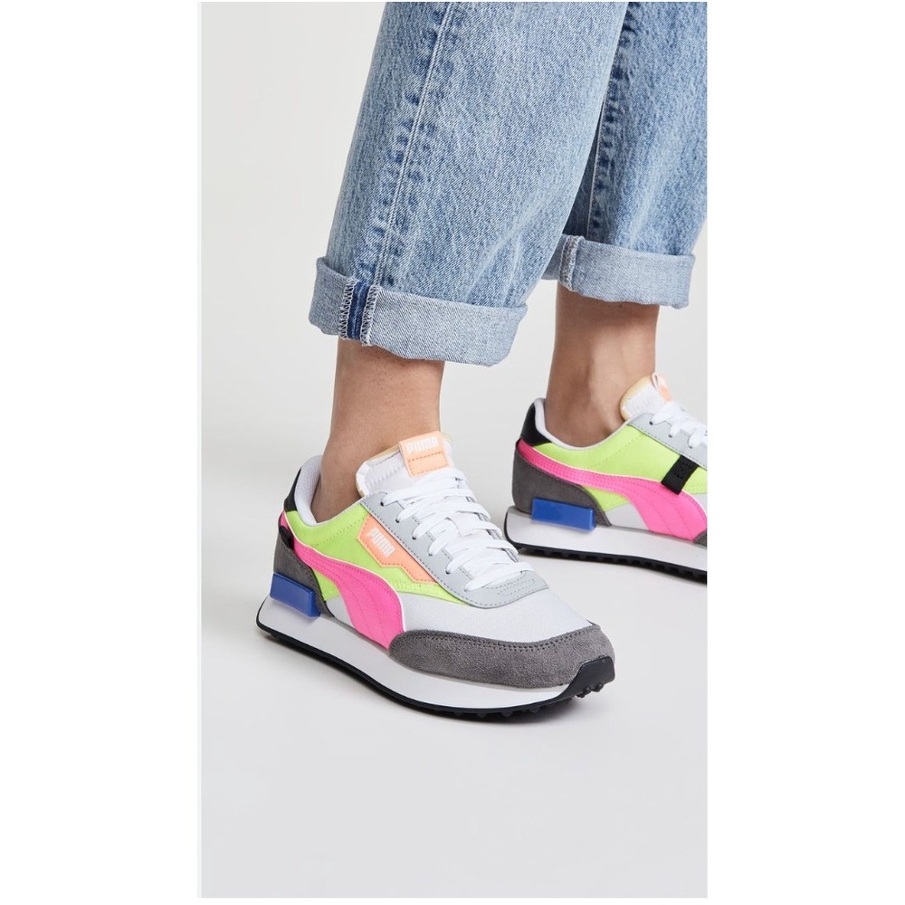 Puma Future Rider Play On Sneakers Neon Lime Pink White Size 5.5
